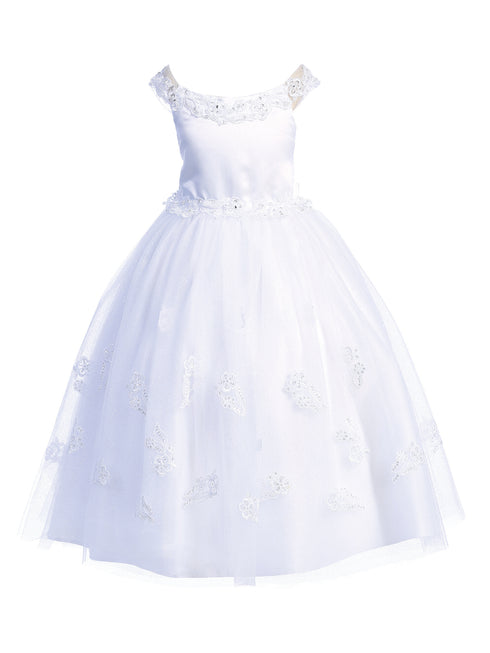 Lito Little Girls White Glitter Tulle Embroidered Appliques Communion Dress 6 - SophiasStyle.com
